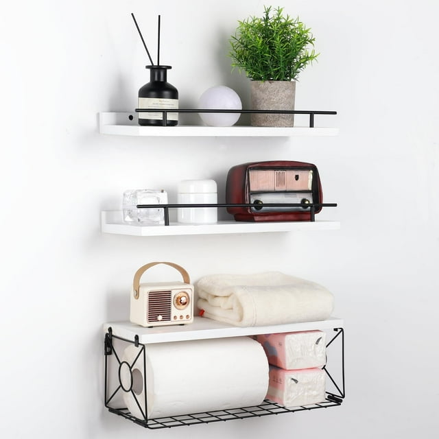 Juego de 3 Repisas Flotantes de Pared, Estantes Flotantes para Baño, Estantes Flotantes Montados Pared con de Papel Higiénico de Metal para Cocina, Dormitorio, Baño, Oficina (Blanco)