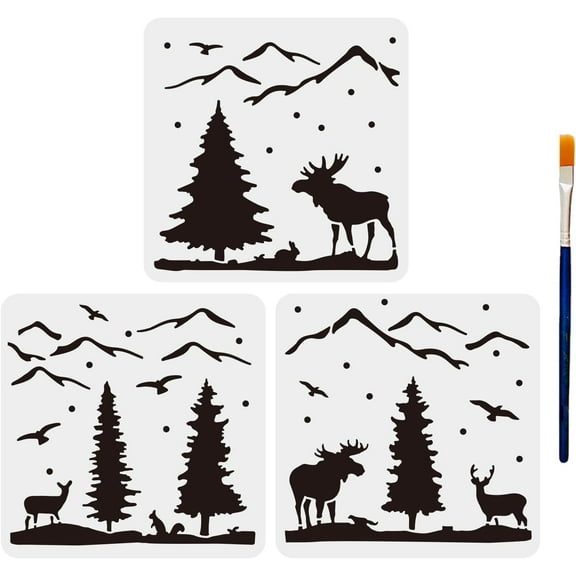 3pcs Deer Mountain Tree Stencils 11.8×11.8inch Large Forest Wildlife Animal Stencils with Paint Brush Deer Moose Pine Tree Bird Template for Painting on Wood Crafts Home Decors diy