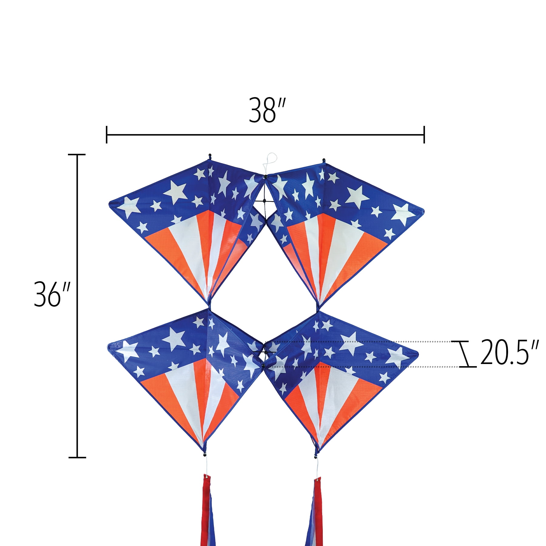 In the Breeze 3372 — Stars & Stripes Tri-Kite — Large Patriotic Cellular Single-Line Kite with Color-Coordinated Streamer Tails; Kite Line Included