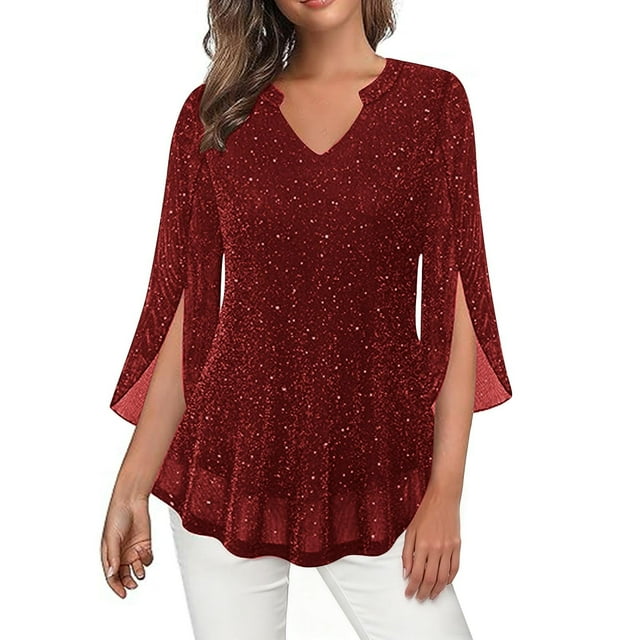 HongQid Womens 3/4 Ruffle Sleeve Sparkly Tops Sequin V Neck Blouses Dressy Casual Spring Summer Fall Shirts