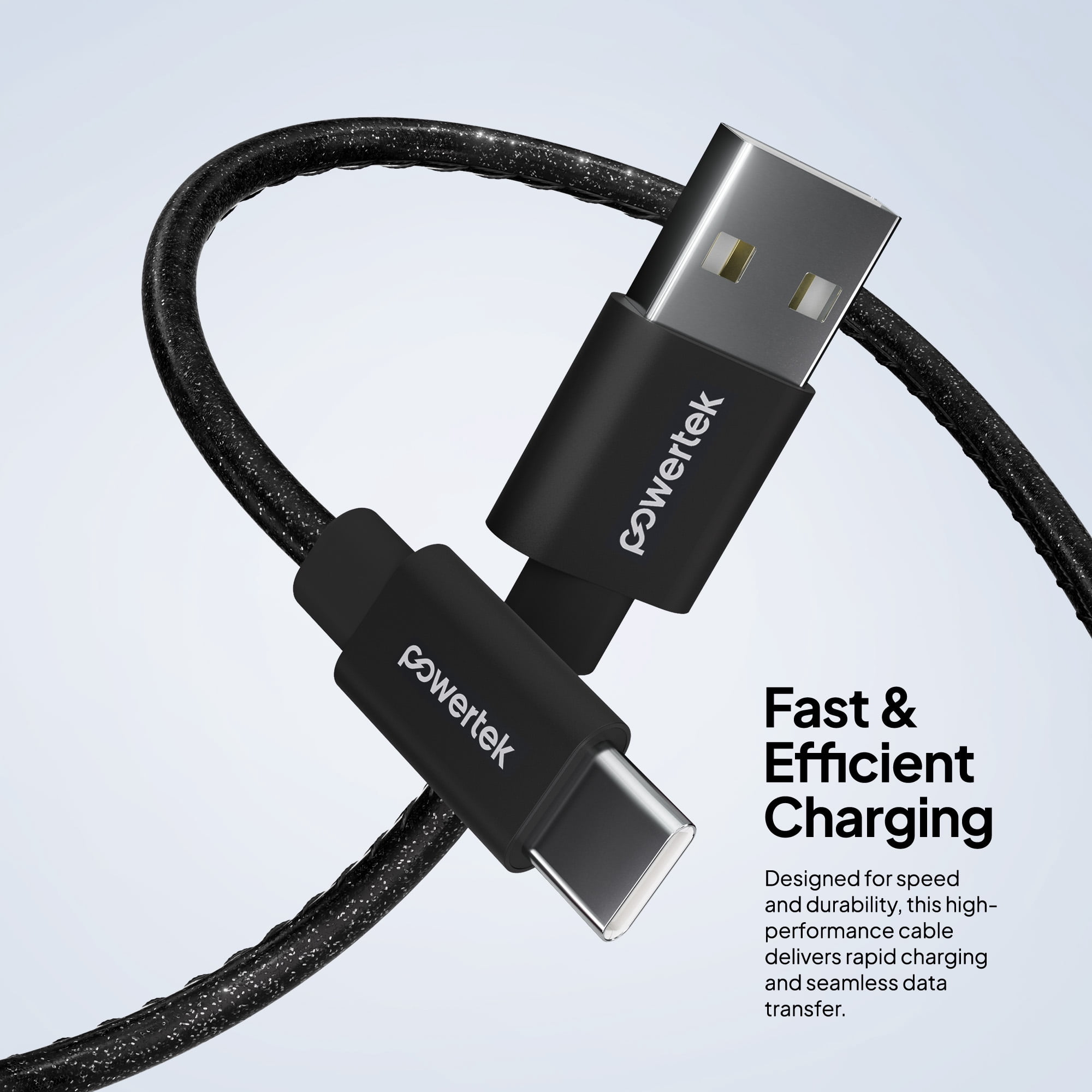 Powertek USB-A to USB-C Cable, Fast Charging Type-C Charger Cord, Durable Tangle-Resistant Sync Cable, Black Glitter, 6FT