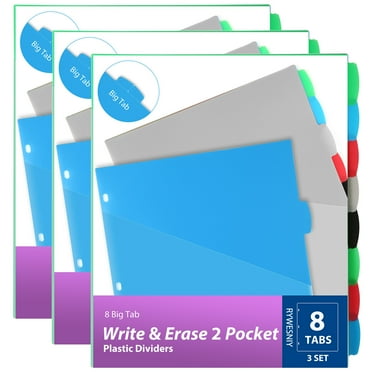 RYWESNIY 8 Tab Plastic Dividers with Pockets, 2 Pocket Dividers for 3 Ring Binders,Multicolor, 3 Sets (24 Dividers Total)