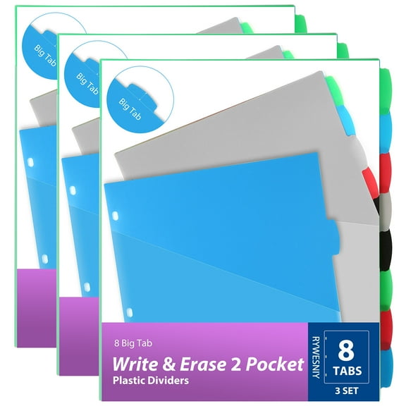 RYWESNIY 8 Tab Plastic Dividers with Pockets, 2 Pocket Dividers for 3 Ring Binders,Multicolor, 3 Sets (24 Dividers Total)