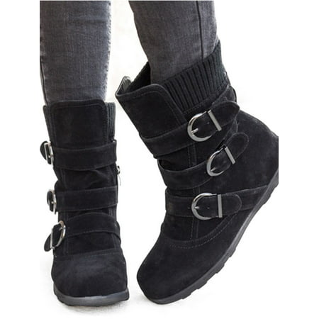 Womens Winter Warm Matte Booties Shoes Buckle Flat Short Ankle Snow Boots