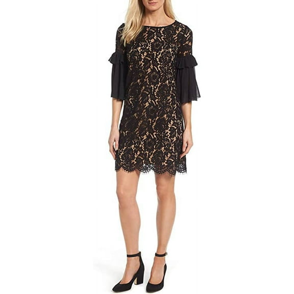 Karen Kane Ruffle Sleeve Lace Shift Dress - Small Black