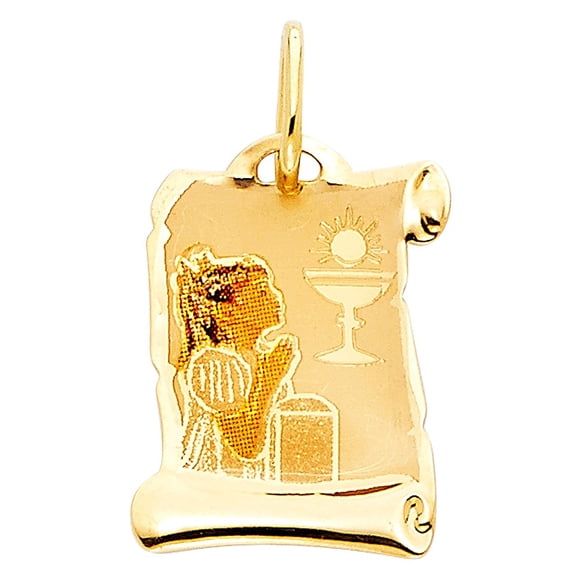 14k Yellow Gold Girl's First Communion Scroll Pendant