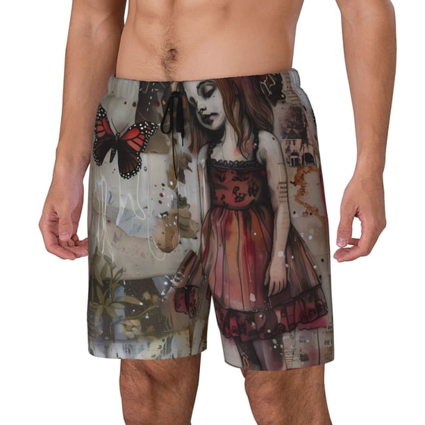 Fotbe Vintage Collage Girl Butterfly Traje de Baño para Hombre – Shorts de Natación de Secado Rápido con Forro y Bolsillos-XX-Large