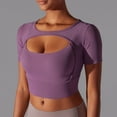 thumbnail image 3 of Oplxuo Short Sleeve Gym Workout Crop Tops for Women Sexy Sheer Mesh Cutout Fitted Yoga Running Shirts Going Out Blouse, 3 of 4