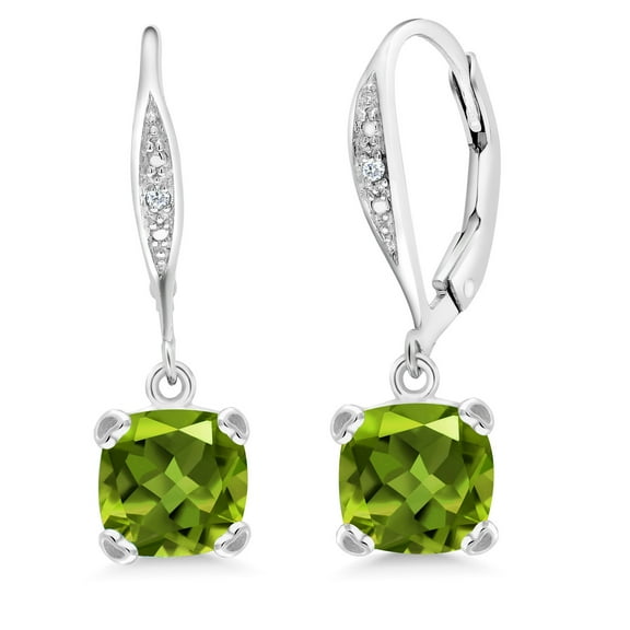 Gem Stone King 925 Sterling Silver Green Peridot and White Diamond Earrings for Women (3.41 Cttw, Gemstone August Birthstone, Cushion 7MM)