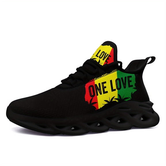 Men's Lightweight Breathable Sneakers - Graphic Streetwear Shoes in Green/Yellow/Red - Cushioned EVA Sole Gym, Travel, Everyday - Lace-Up Low-Top Trainers - Plus Size Available - All-Season