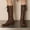 Brown, variant on Women's Fashionable Casual Winter Style Knee-High Solid Color Bow Round Toe Side Zipper Front Tie Flat Knee-High Boots Black
