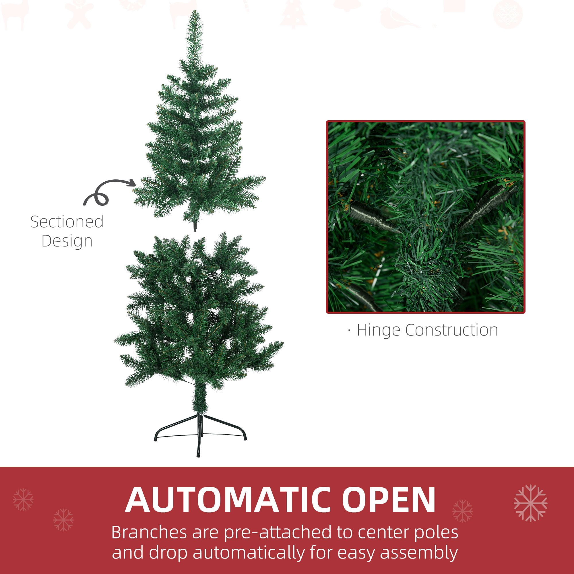5 ft Artificial Half Christmas Tree with Auto Open Branches, Steel Base, 229 Tips, Indoor Wall Decor