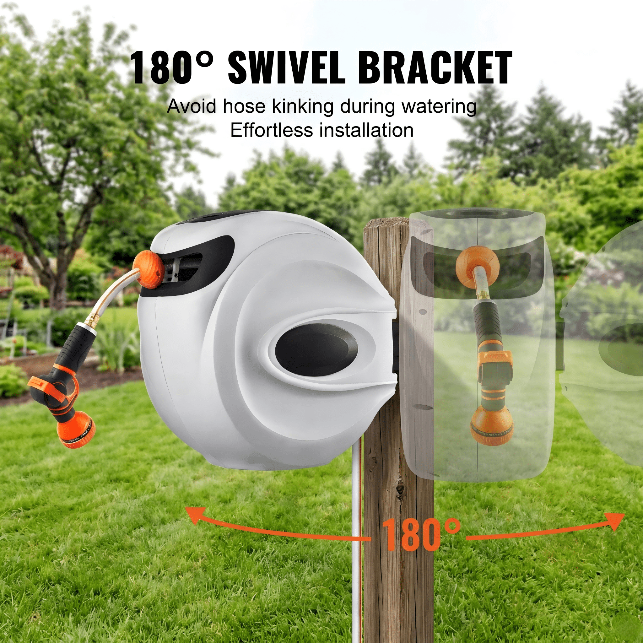 Retractable Hose Reel 65 ft x 5/8 inch, Wall-Mounted Garden Hose Reel with 180° Swivel Bracket, 9-Pattern Nozzle, Automatic Rewind, Lock at Any Length, Slow Return System