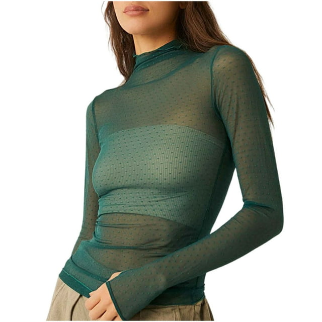Timegard Hauts pour Femmes Col Haut en Maille Manches Longues Tee-Shirt Bas Transparent Automne Décontracté Slim Tops Couleur Unie