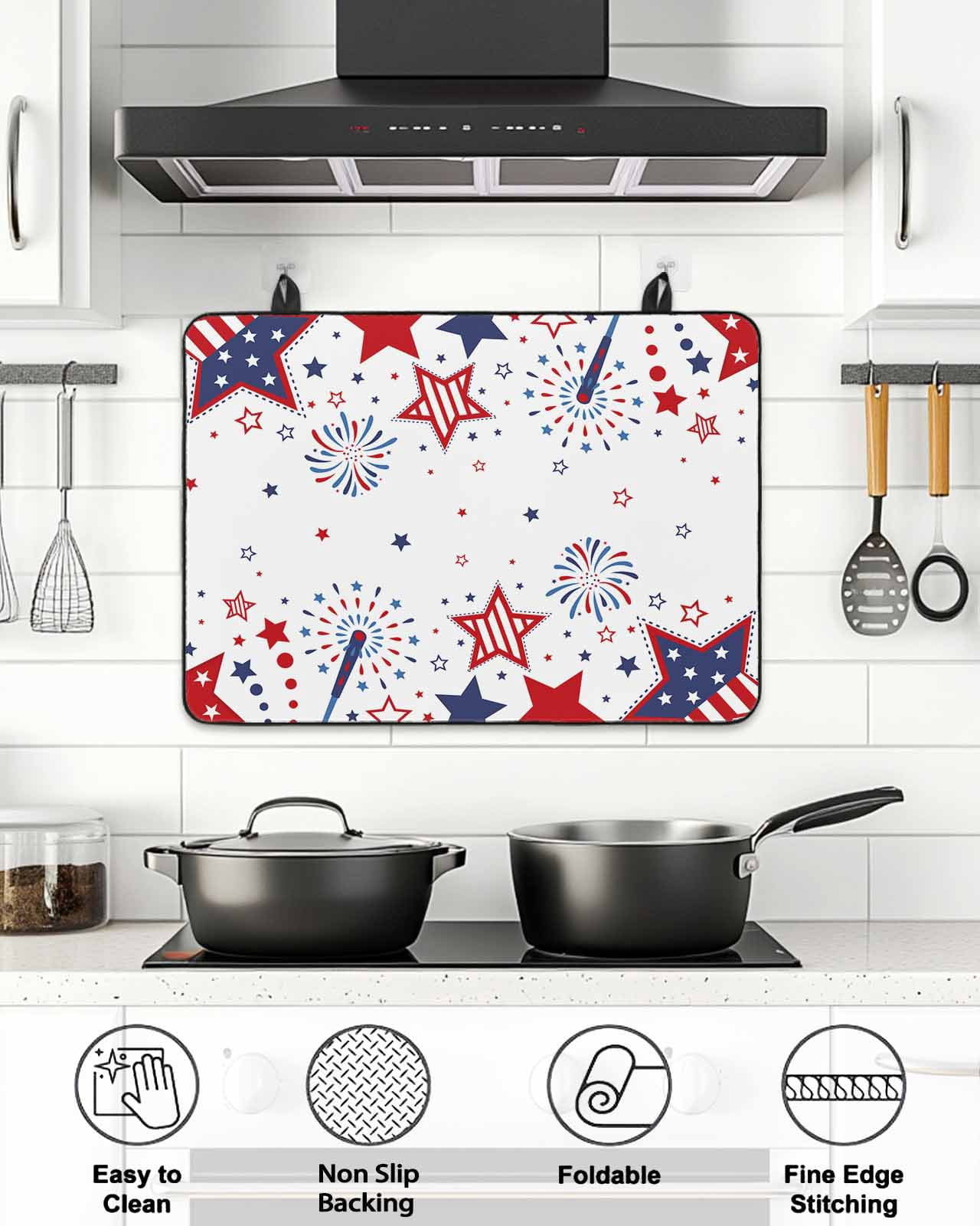 Stove Top Covers for Electric Stove, Red Blue Star 4th of July Glass Stovetop Cover Protector, Independence Day Fireworks Induction Cooktop Protector Oven Mat for Kitchen Countertop 24"x21"