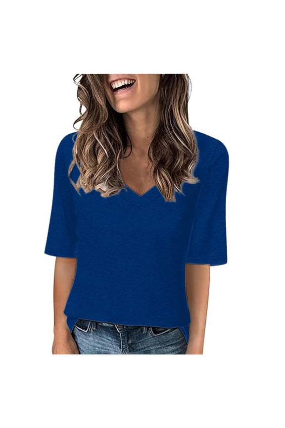 Womens Short Sleeve Tops T Shirts V Neck Summer Casual Basic Comfy Tees Solid Color Dailywear