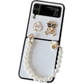 thumbnail image 5 of Cute Cartoon Case for Samsung Galaxy Z Flip 4 with Strap, Fashion Women Case for Z Flip 4 with Metal Bling Bear and Love, Pearl Wristband Case Girly Case for Z Flip 4, 5 of 14