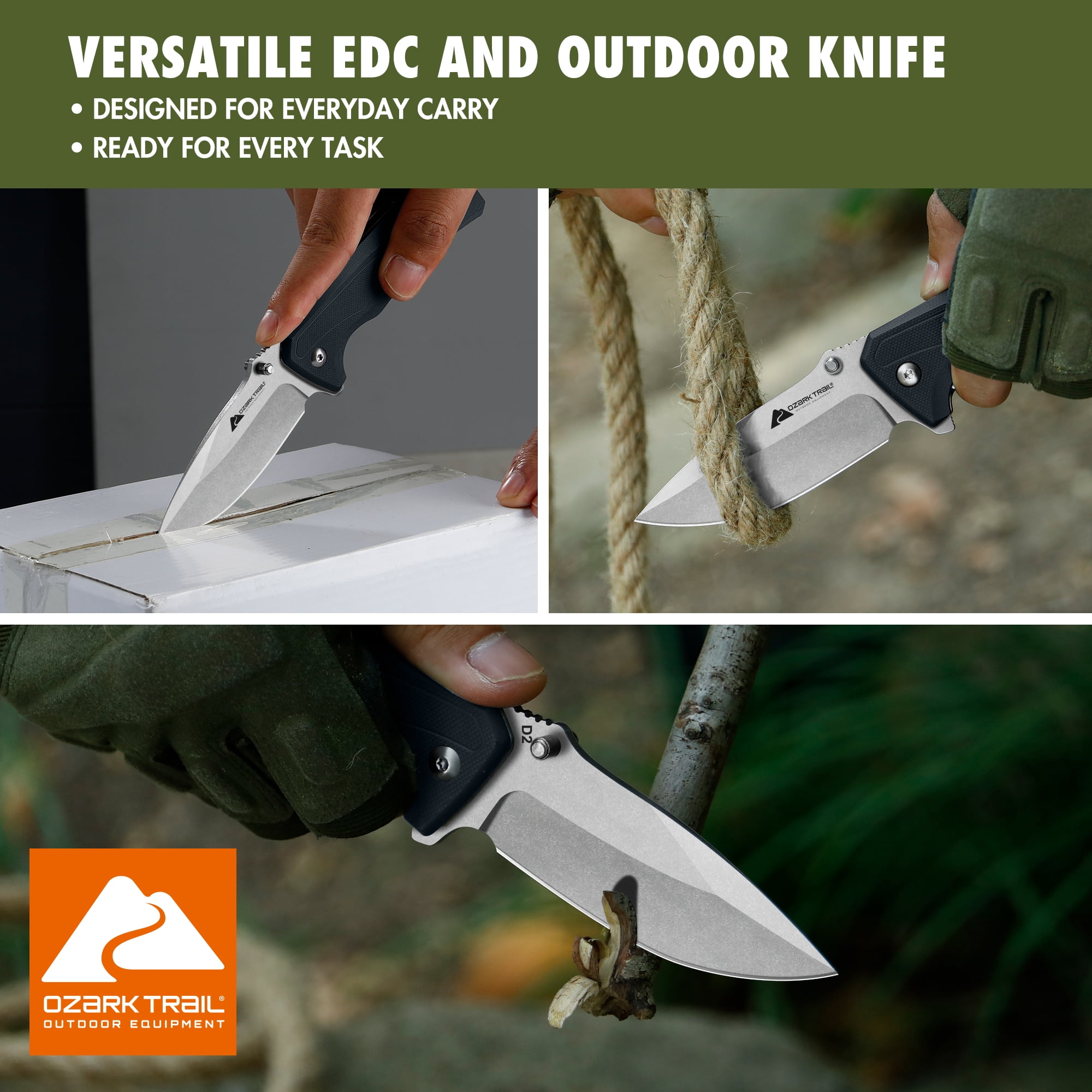 Ozark Trail 8 inch Folding Knife with D2 Steel Stonewashed Blade G10 Handle Reversible Clip