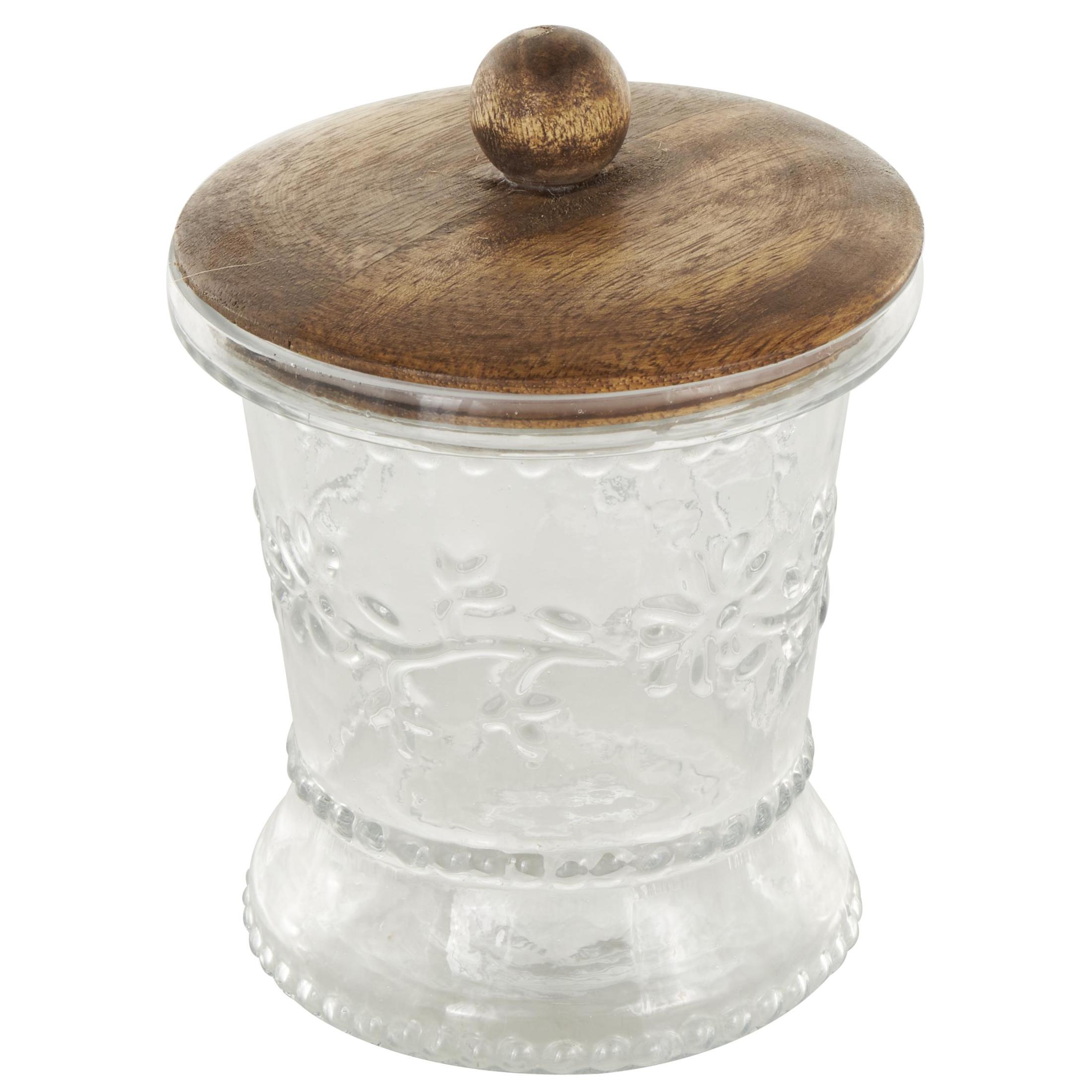 DecMode 7", 6"H Clear Glass Floral Beaded Decorative Jars with Brown Wooden Lids and Round Knobs, 2-Pieces