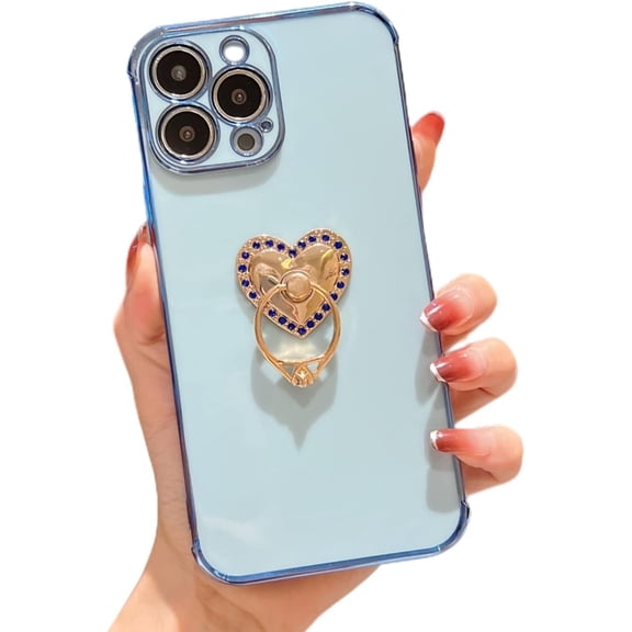 Sleek Light Thin Soft TPU Phone Case for iPhone X XR XS Max 8 7 Plus Fashion Love Heart Shaped Finger Ring Holder Shockproof Bumper Protector Cover(Light Blue,X/XS)