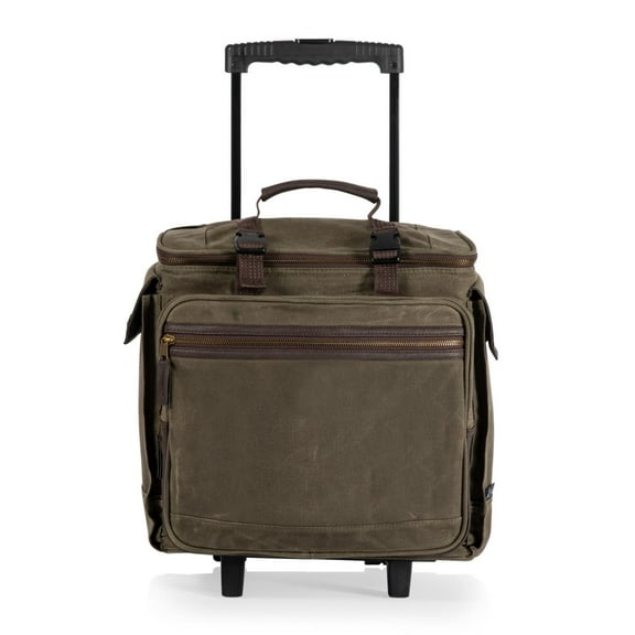 Legacy Somm 12-Bottle Insulated Waxed Canvas Wine Bag with Rolling Cart, Khaki Green with Brown Accents