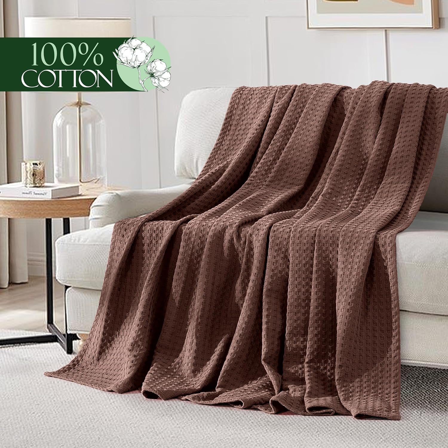 Elegant Comfort Cotton Waffle Blanket, Lightweight All-Season Bed Blanket,Full Size 88x88 Inches, Brown
