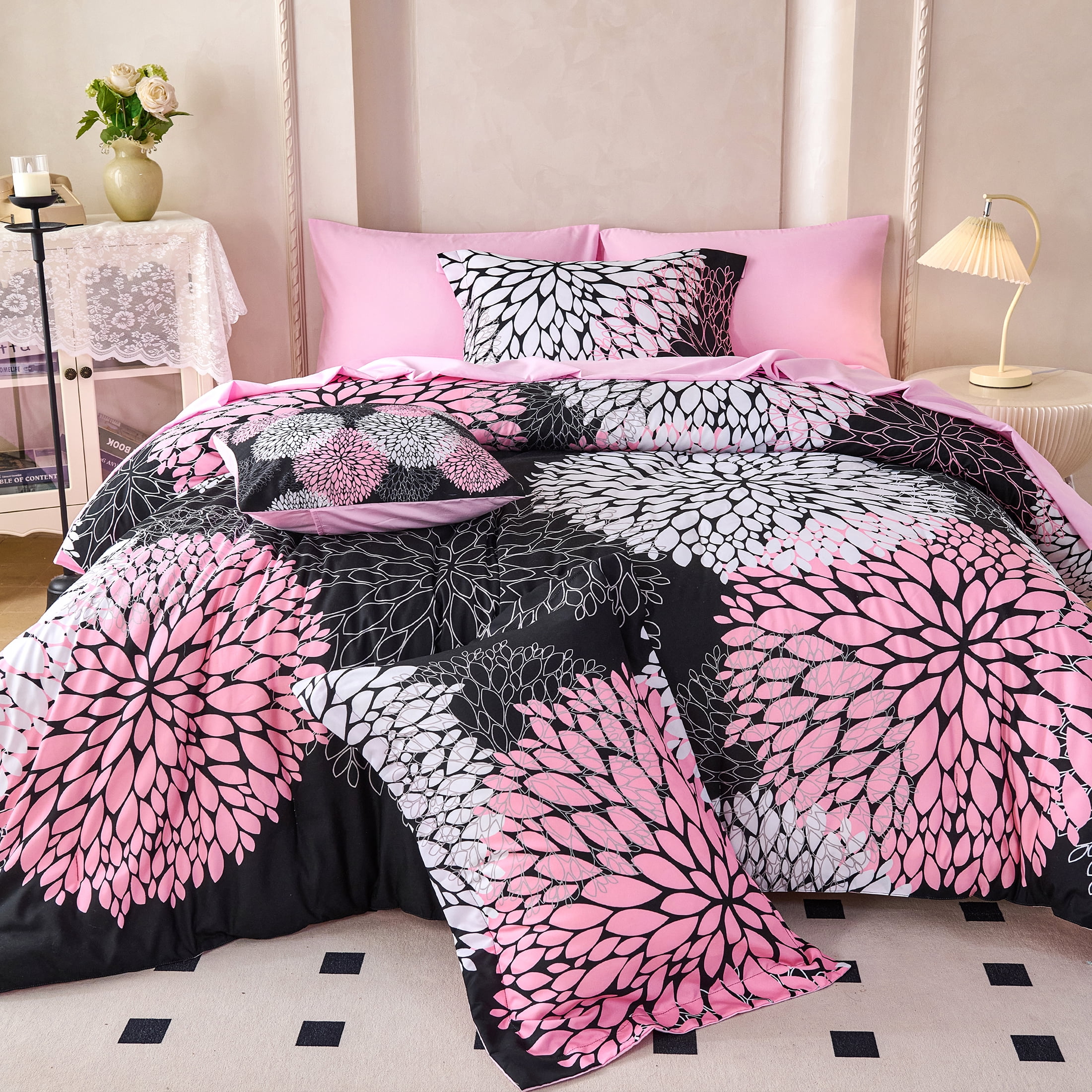 Koniroom 8 Pieces Black and Pink Floral Comforter Set Queen Size, Cute Flower Bed in a Bag with Sheets, Pillowcases, Shams, and Decorative Pillow Cover for Teen Girls and Women