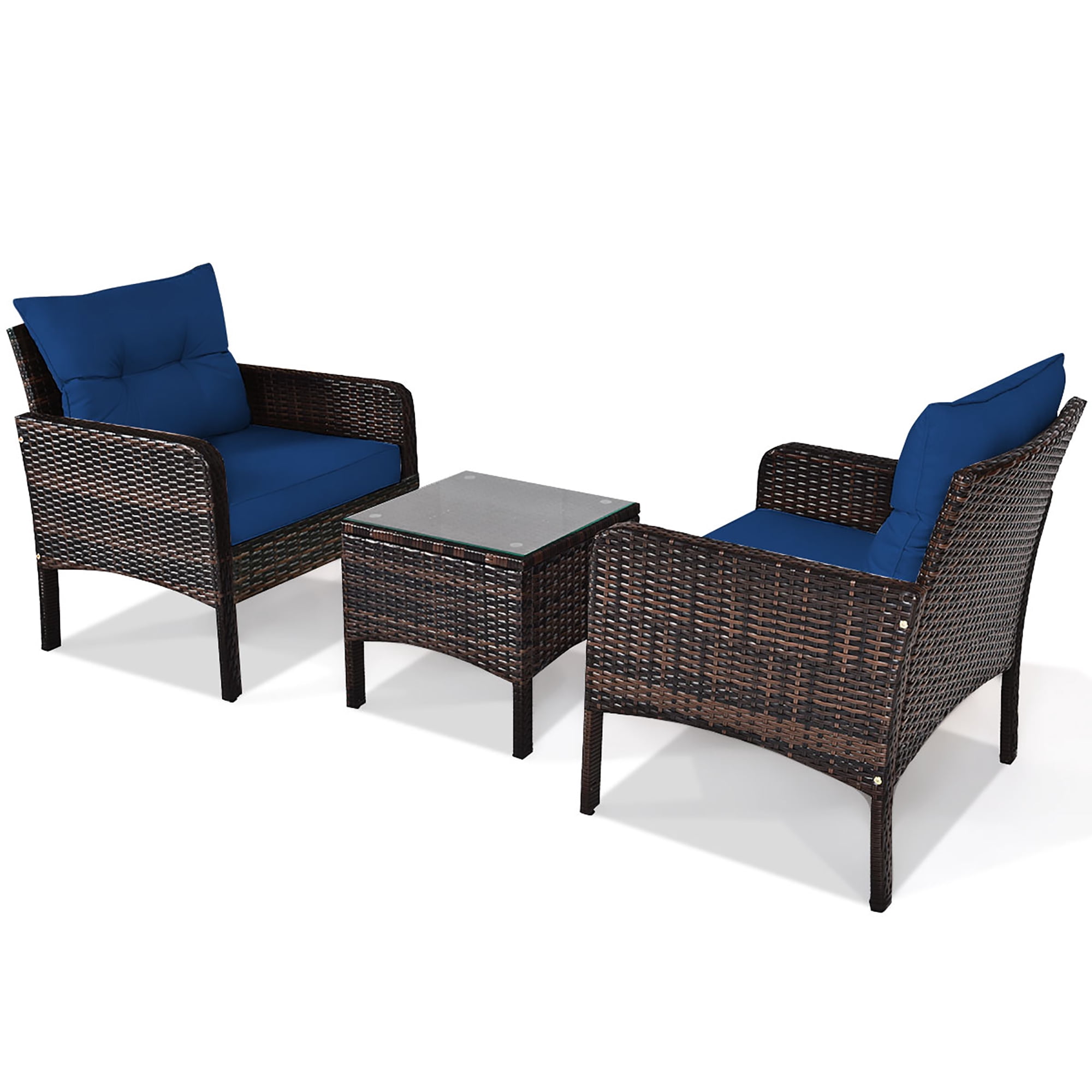 Costway 3PCS Outdoor Rattan Conversation Set Patio Garden Cushioned Sofa Chair Navy