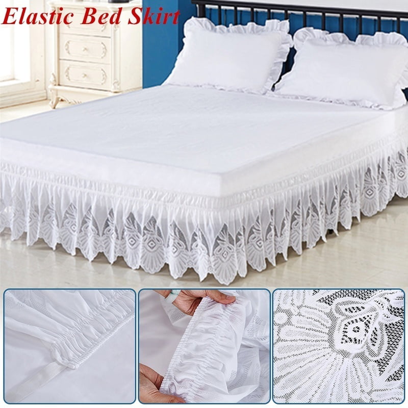Willstar White Ruffle Lace Elastic Bed Skirt 3 Sided Wrapped 15 Inches ...