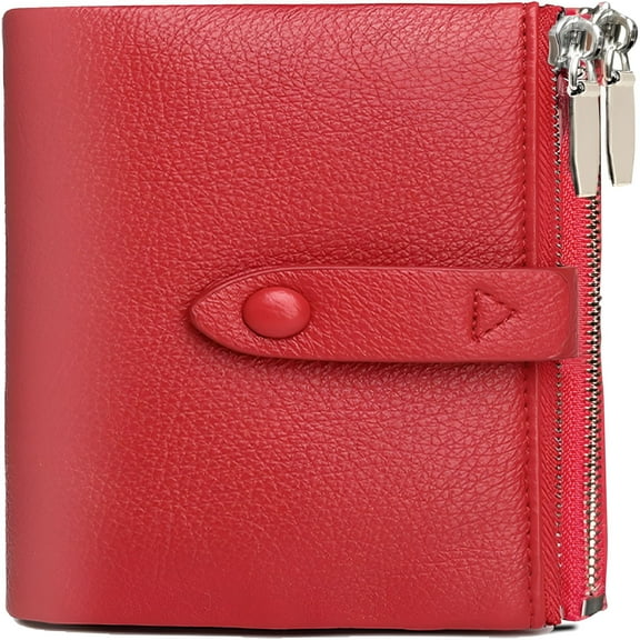 GASTROPOD Women's Wallet RFID Small Compact Leather Ladies Bifold Wallet Slim Medium Billfolds for Women Thin Female Wallet with Double Zipper Coin Purse (Red)