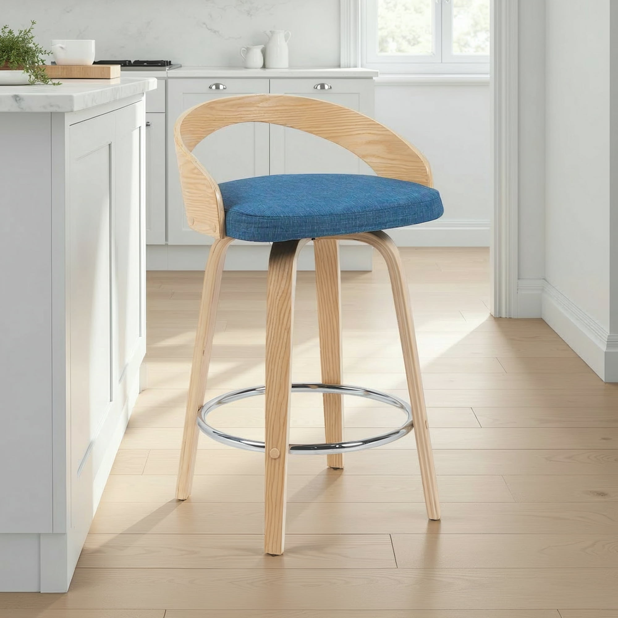 Sonia Modern Swivel Counter Height Bar Stool with Blue Upholstered Seat and Patterned Oak Wood Finish
