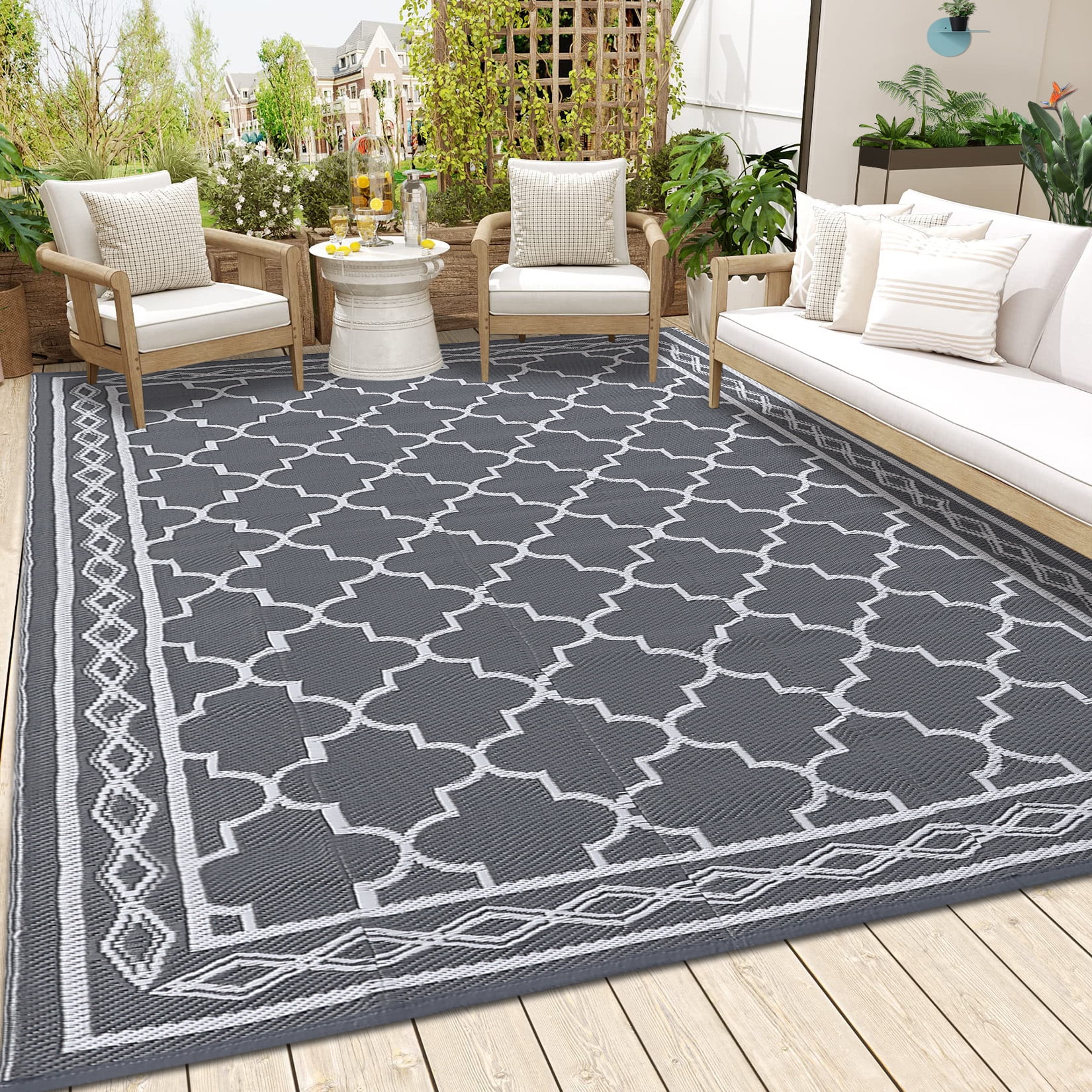 CAROMIO Gray Moroccan Outdoor Area Rug 9x12 ft Waterproof Reversible Plastic Mat for Camping RV Picnic