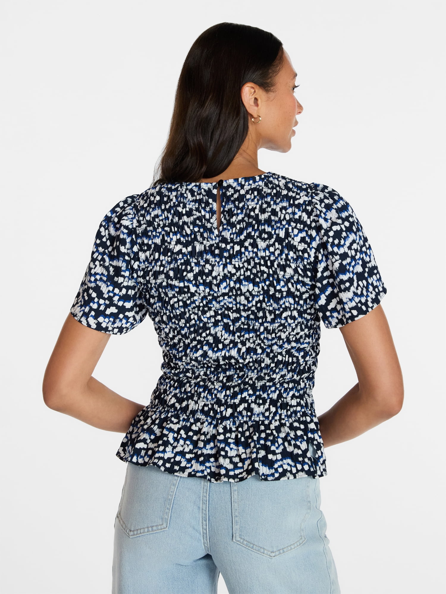 Time and Tru Women's Smocked Top with Short Puff Sleeves, Sizes XS-XXXL