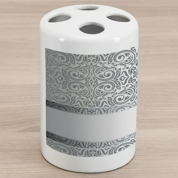 Damask Ceramic Toothbrush Holder, Baroque Damask Curves Rococo Style Motifs Floral Renaissance Revival Design, Decorative Versatile Countertop for Bathroom, 4.5" X 2.7", Grey Pale Grey