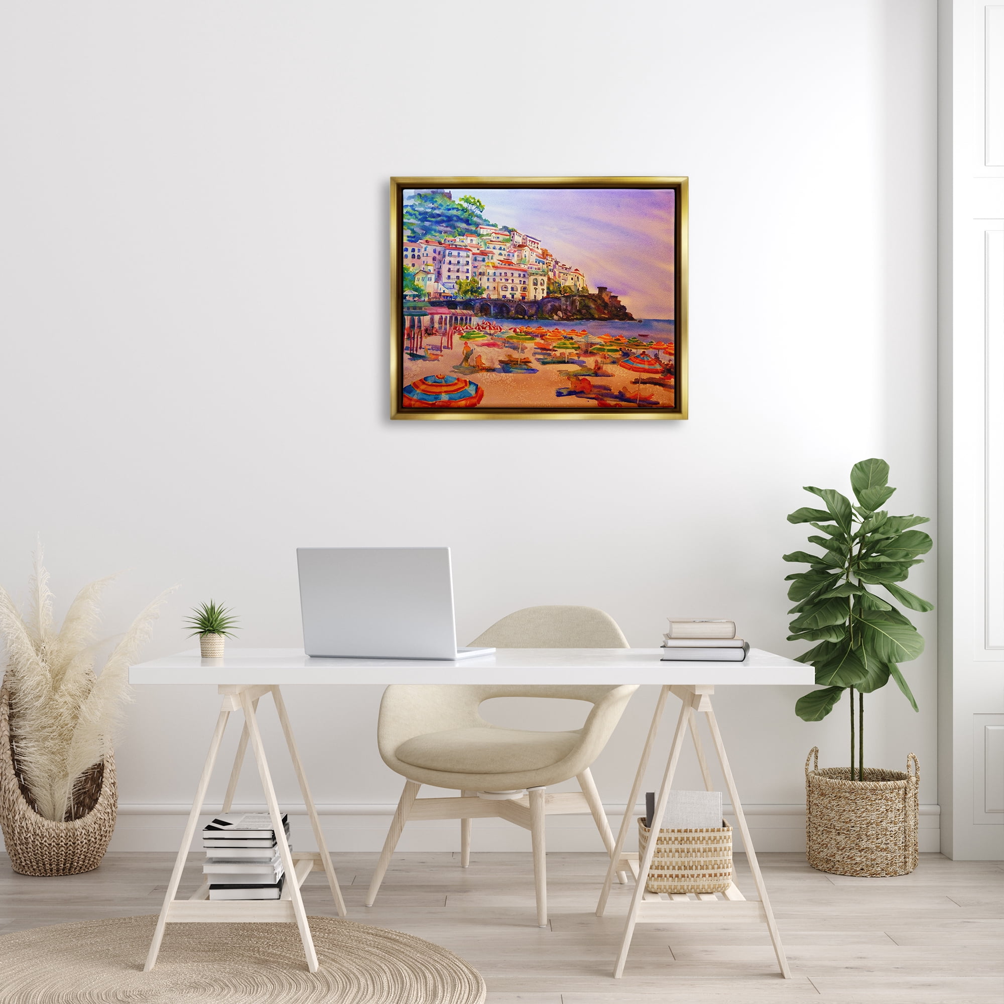 Stupell Industries Summer Beach Landscape Nature Painting Gold Floater Framed Art Print Wall Art, 31 x 25