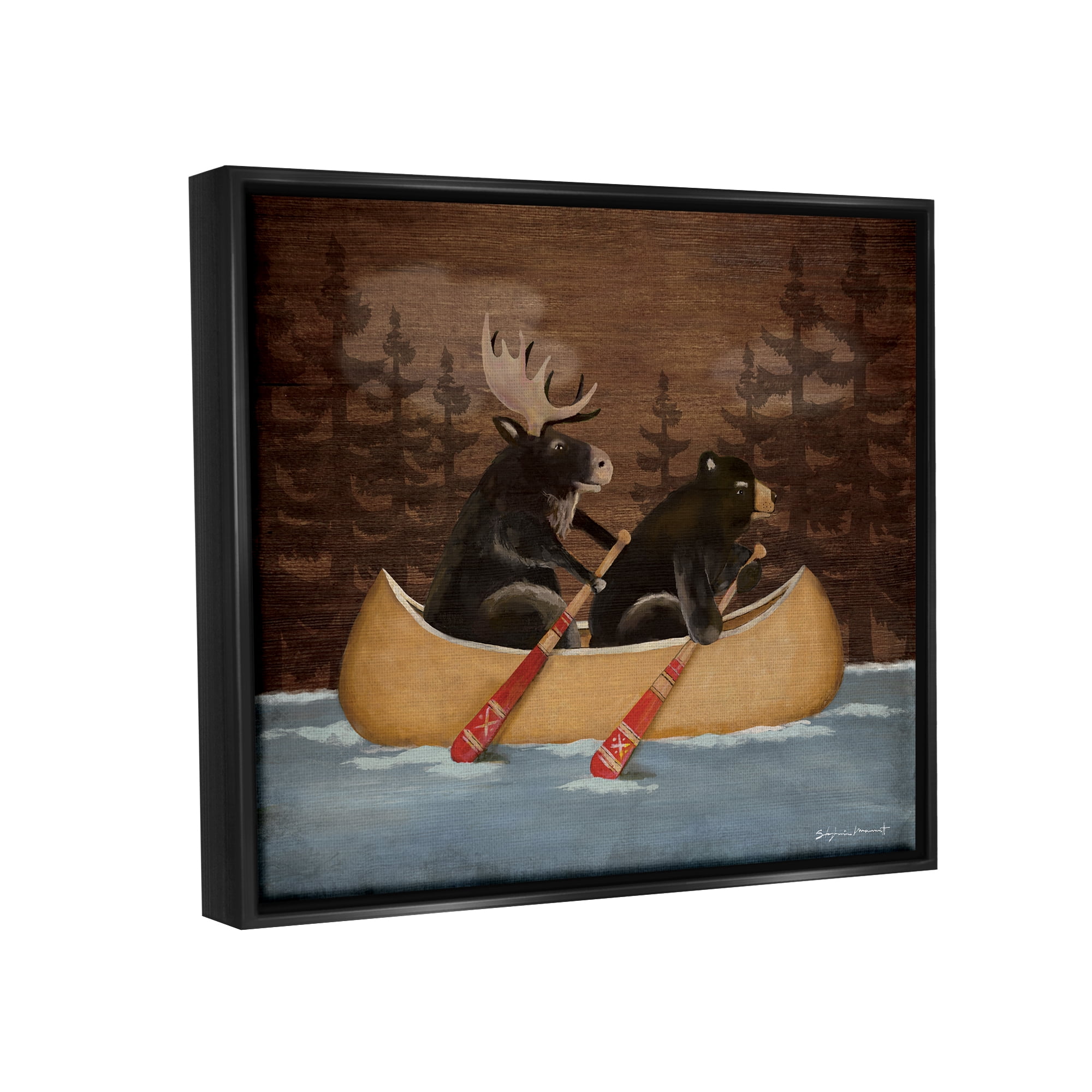 Stupell Canoeing Animals Rustic Woodland Transportation Painting Black Floater Framed Art Print Wall Art