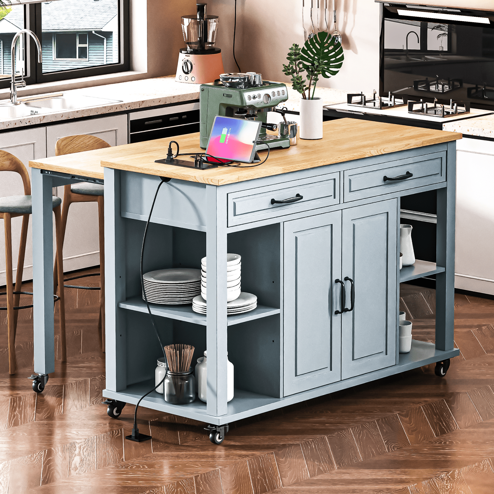 Harper & Bright Designs Kitchen Island with Extendable Dining Table, Kitchen Storage Cart with Drawers and Internal Storage Rack, Rolling Kitchen Island with Power Outlet, Grey+Blue