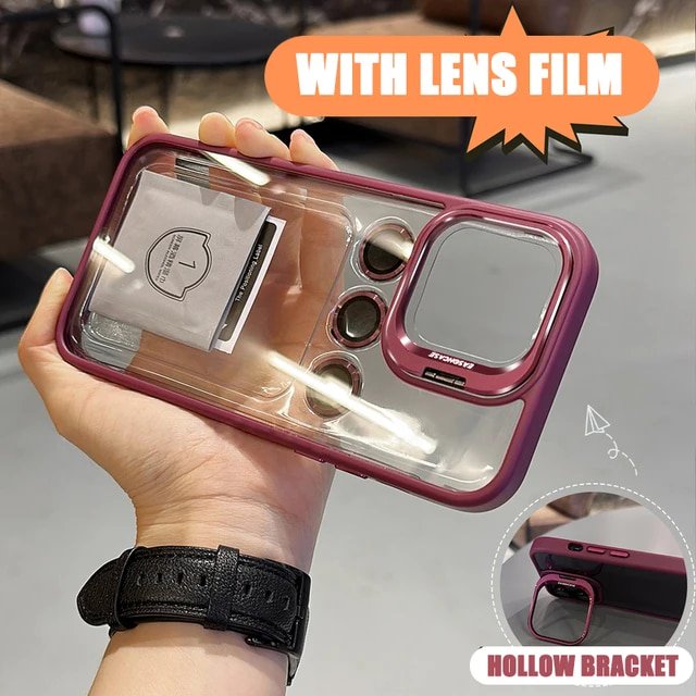 2024 Luxury Stand Phone Case with Lens Flim for IPhone 15 14 13 12 11 Pro Max Plus Transparent Shockproof Acrylic PC Cover