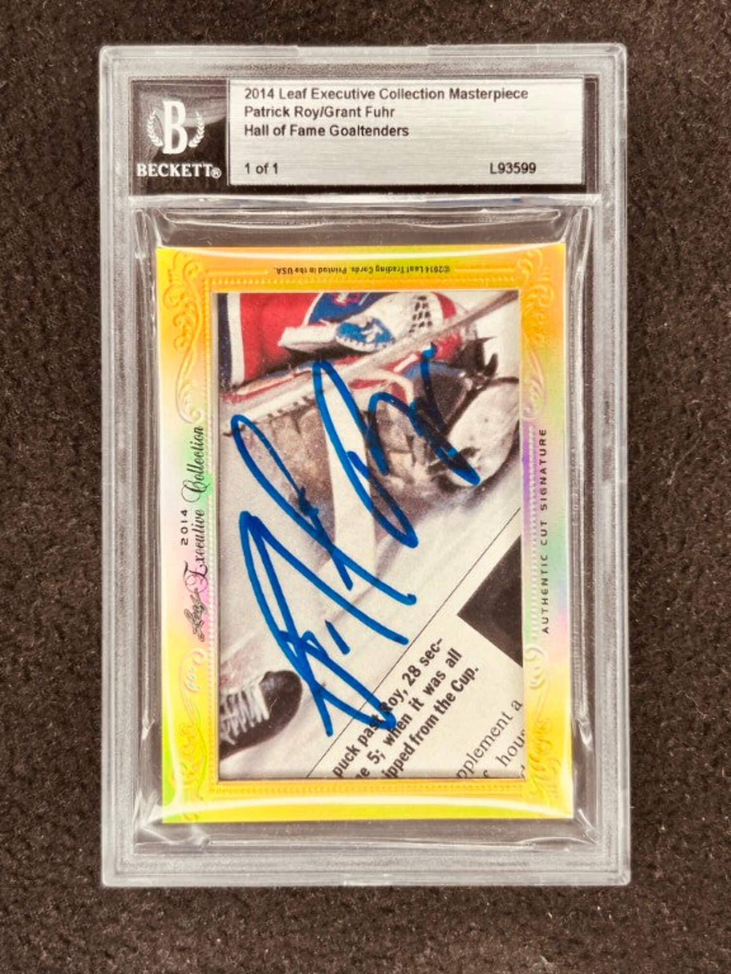 Patrick Roy and Grant Fuhr 2014 Leaf Masterpiece Cut Signature certified autograph hockey card 1/1 JSA