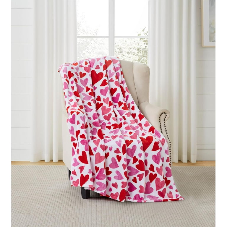 Serafina Home Hearts Throw Blanket Contemporary Pink and Red Hearts Microfiber Fleece Velour Accent for Couch Sofa Bed Pink Red Hearts