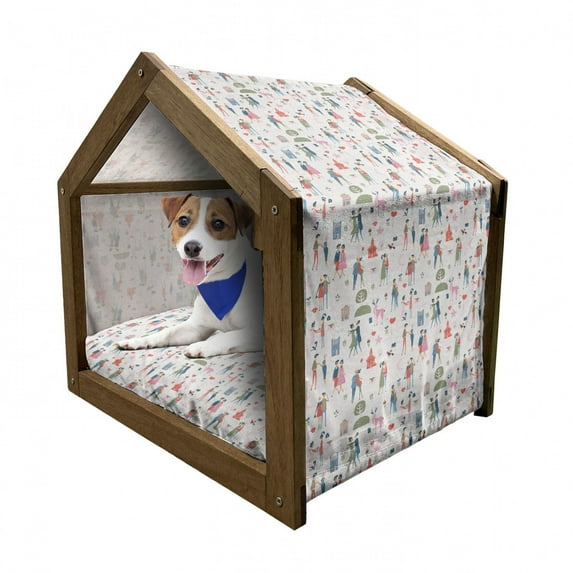Valentines Day Pet House, Couples in Various Poses Lovers Proposing Kissing Strolling Vintage Style, Outdoor & Indoor Portable Dog Kennel with Pillow and Cover, 5 Sizes, Multicolor, by Ambesonne