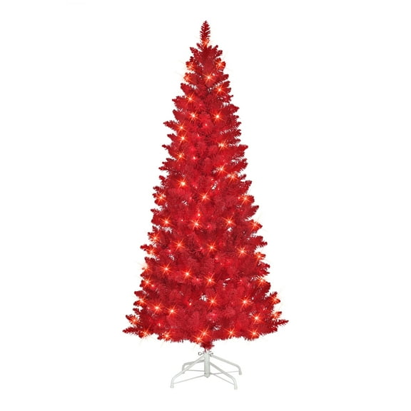 6.5 ft Pre-lit Flocked Fashion Red Tree 475 Tips 200 Warm White LED Lights