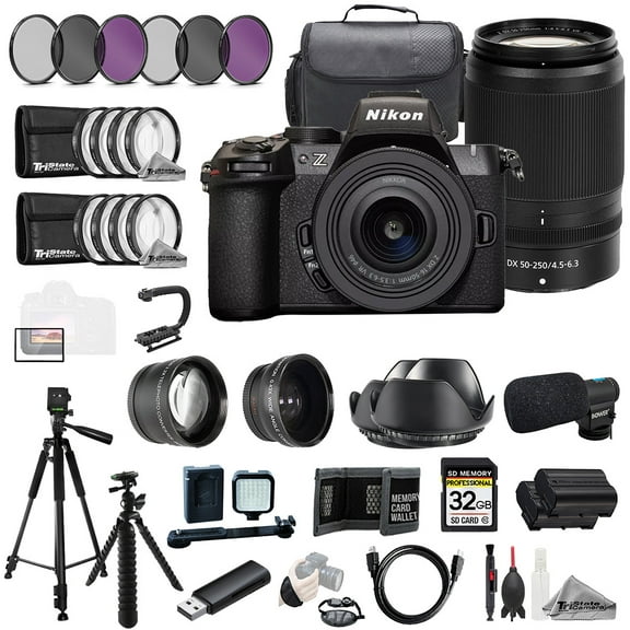 Nikon Z50 II   16-50mm & 50-250mm VR Lenses   Mic 32GB  9 PC Filtr-MEGA Kit (International Version)