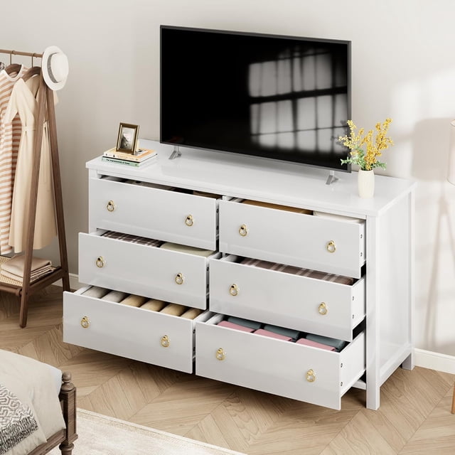Aoile Commode à 6 Tiroirs, Commode de Rangement en Bois pour Chambre, Chambre de Bébé, Salon, Blanc