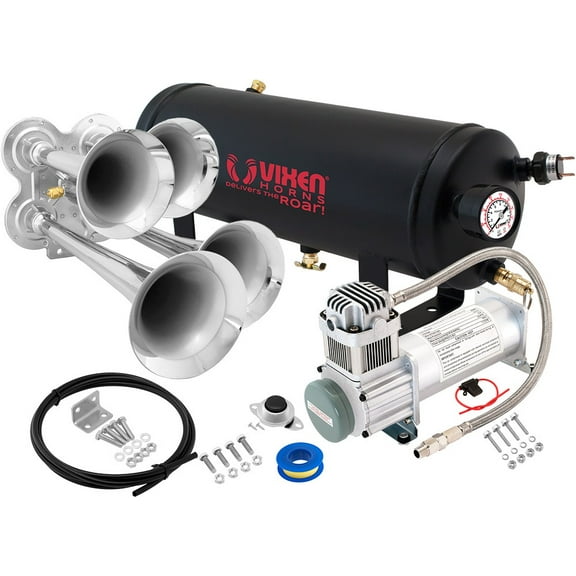 Vixen Horns Train Horn Kit for Trucks/Car/Semi. Complete Onboard System- 200psi Air Compressor, 1.5 Gallon Tank, 4 Trumpets. Super Loud dB. Fits Vehicles like Pickup/Jeep/RV/SUV 12v VXO8315/4114