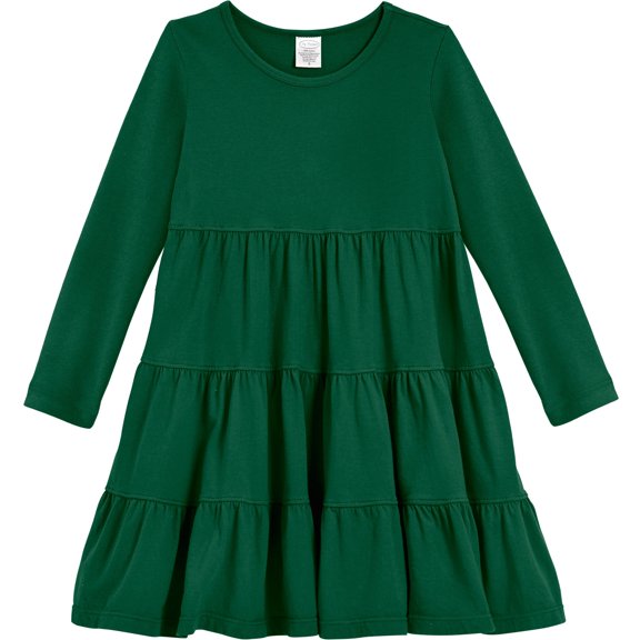Girls Soft Cotton Jersey Long Sleeve Tiered Dress | Forest Green