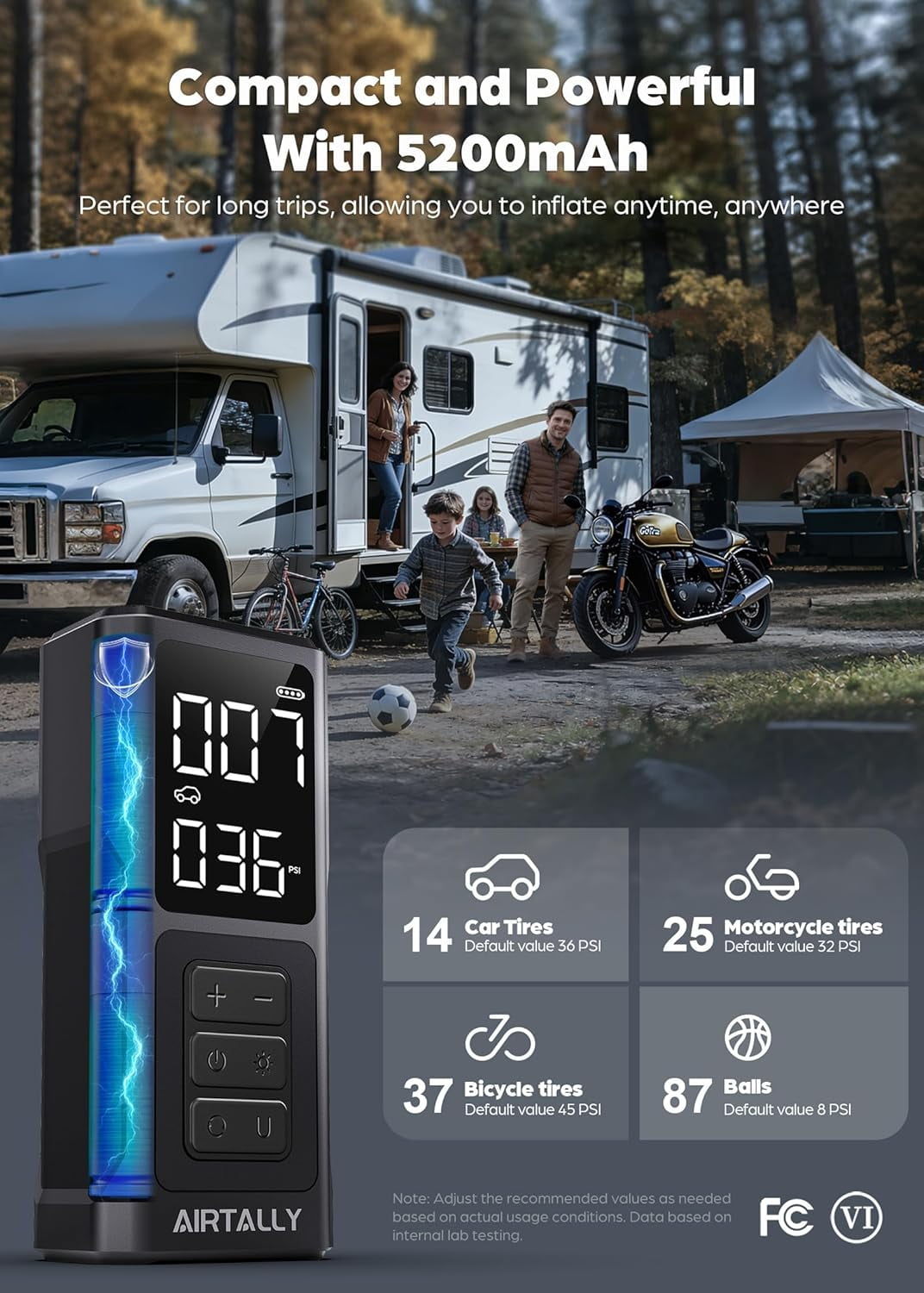 Tire Inflator Portable Air Compressor - 5200mAh 150PSI Quickly Inflate Pump for Car Tires/Bike/Basketball with LED Large Dual Screen, Pressure Gauge & Auto Shut-Off