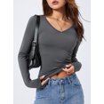 thumbnail image 2 of Diconna Women's Spring Autumn Crop Tops Solid Color Long Sleeve V Neck Short Slim T-shirt, 2 of 9