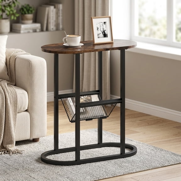 Furnibear Narrow Oval End Table with Mesh Storage Shelf and Steel Frame for Small Spaces Bedside and Sofa Living Room, Rustic Brown