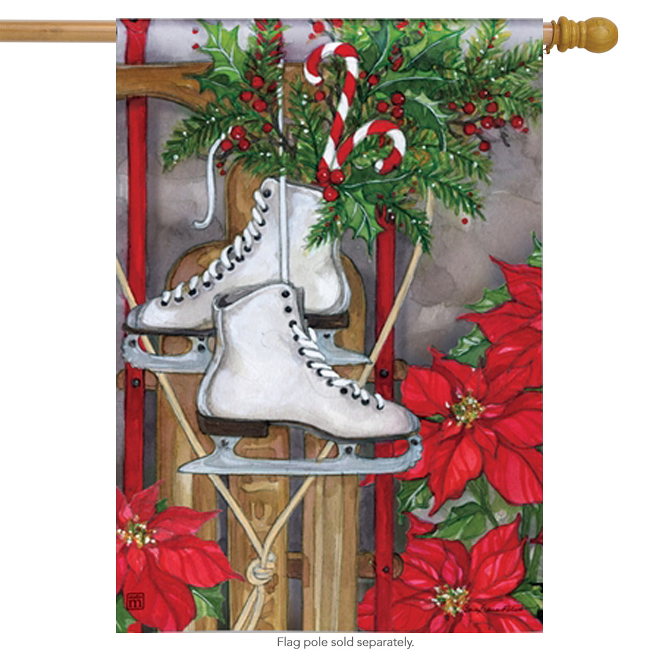 Christmas Ice Skater 12.5 x 18 Garden Flag Ice Skates Poinsettia by BreezeArt